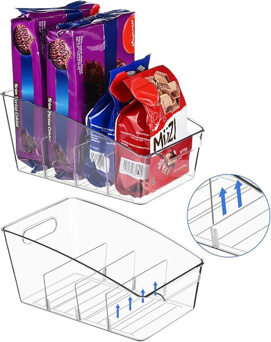 2 Pack Clear Pantry Organizer Storage Bins Removable Snack Organizer Plastic Cabinet Organizers Racks with 3 Dividers, Refrigerator Bins, Kitchen Organization Kitchen Storage