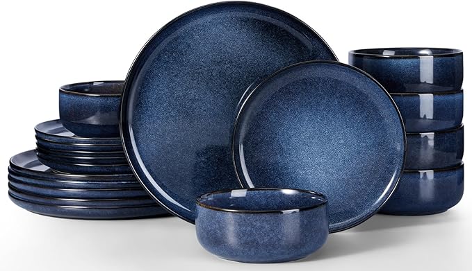 Herogo 18 Pieces Stoneware Dinnerware Set Service for 6, Dinner Plates and Bowls Sets, Double Reactive Glaze Dishes Set for Kitchen, Scratch Resistant, Microwave & Dishwasher Safe, Starry Blue