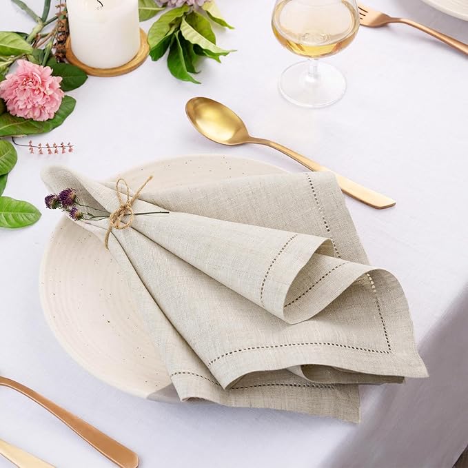 D'Moksha Homes Light Natural Linen Napkins Set of 4 - Classic Hemstitch 100% Pure Linen Hemstitch Dinner Napkins 20 x 20 Inch for Thanksgiving, Christmas, Holiday - Handcrafted and Machine Washable