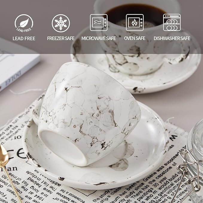 SIDUCAL Espresso Cups Set of 4,6 Ounce Ceramic Coffee Cups with Saucers,Porcelain Double Espresso Cup Set,Gift Box for Boyfriend Gift(White)