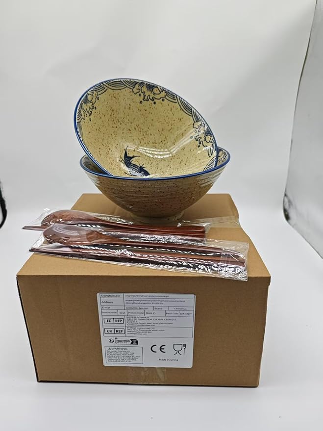 2 x 40 OZ ceramic ramen bowls, 8 IN large Japanese noodle soup bowl, match chopsticks and spoons, suitable for Pho, Udon Asian noodles (Japanese fish 2 set)