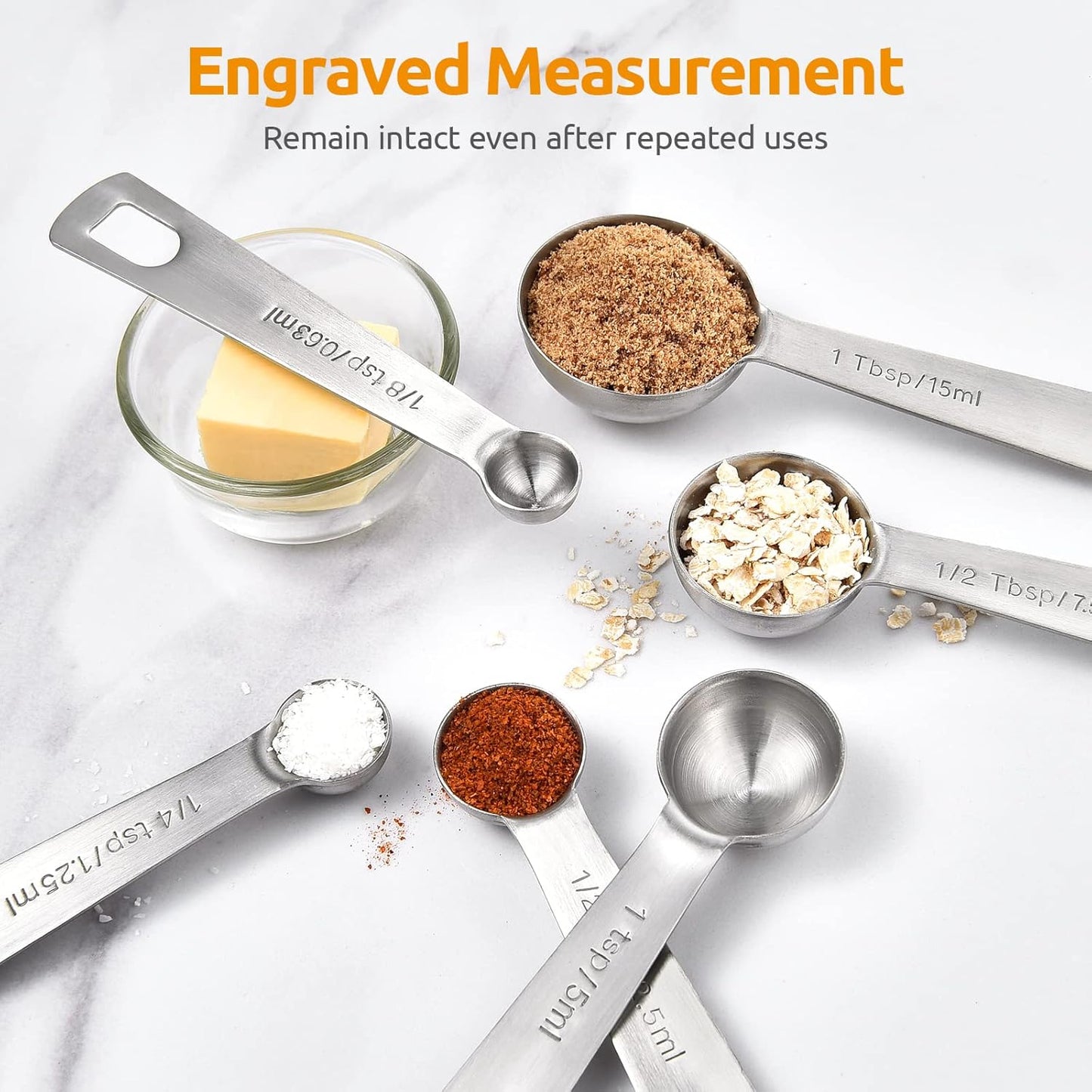 Measuring Spoons: U-Taste 18/8 Stainless Steel Measuring Spoons Set of 8 Piece: 1/8 tsp, 1/4 tsp, 1/3 tsp, 1/2 tsp, 3/4 tsp, 1 tsp, 1/2 tbsp & 1 tbsp Dry and Liquid Ingredients