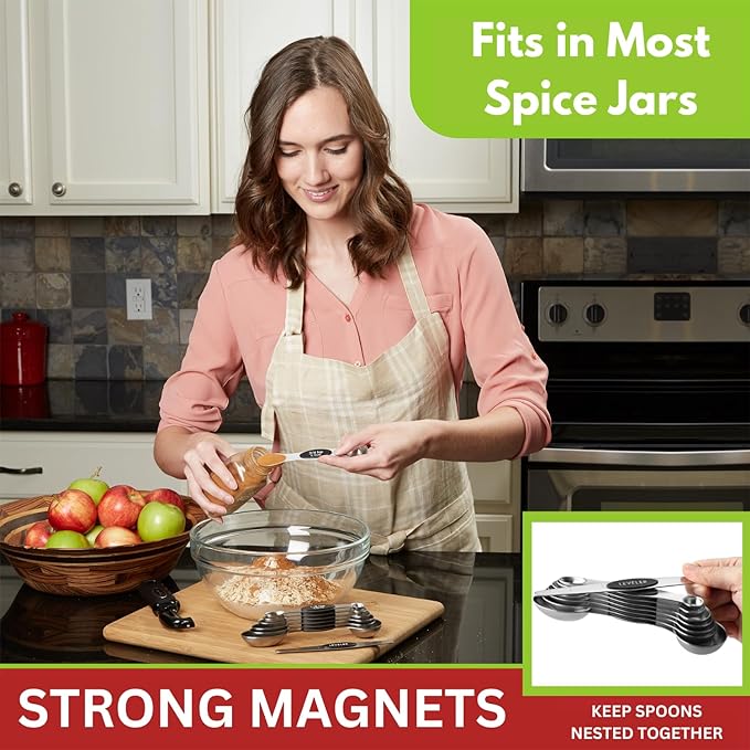 Spring Chef Stainless Steel Magnetic Measuring Spoons Set with Strong N45 Magnets, Heavy Duty Metal Kitchen Gadgets for Baking & Cooking, Fits in Most Kitchen Spice Jars, Set of 8 with Leveler, Black