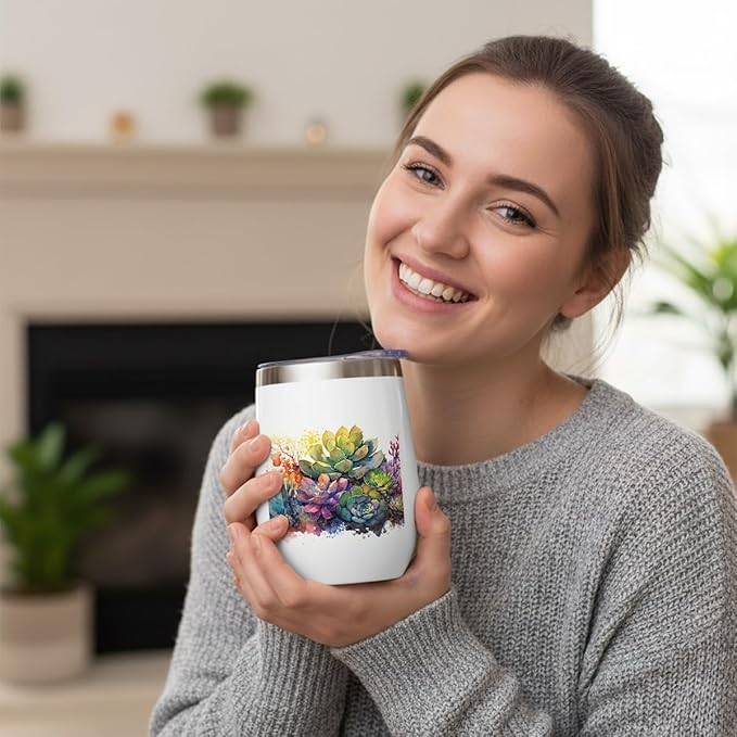 Watercolor Cactus Gardening Gifts Cute Succulent Wine Tumbler Insulated Wine Glasses 12 oz Tumbler with Lid for Women Men Cactus Lovers Female Girl Mom Grandma Coworker Birthday Christmas Anniversary