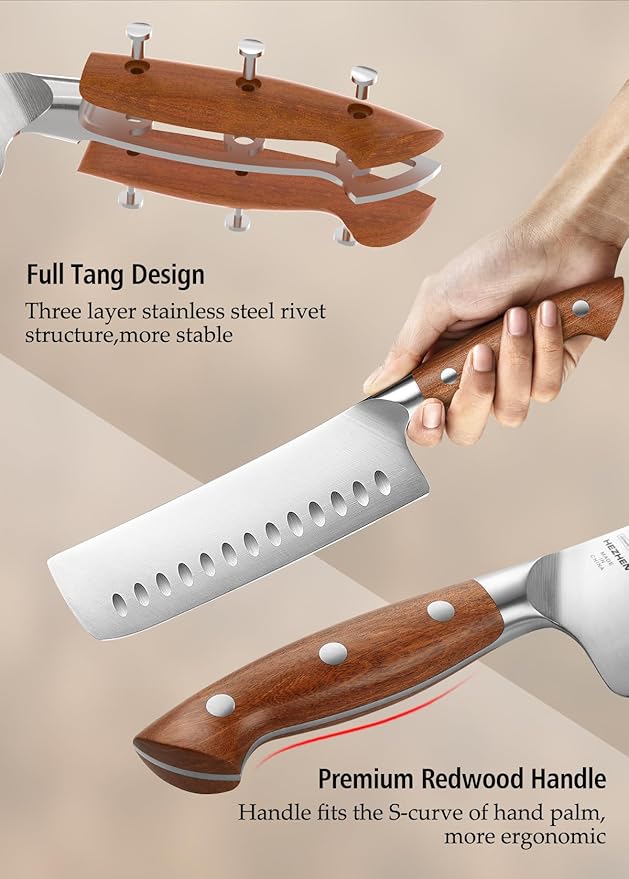 HEZHEN Multipurpose Asian Chef Knife - 7.4 inch Nakiri Knife -Din 1.4116 Steel-Razor Sharp & Full Tang Kitchen Knife, for Chopping, Dicing & Slicing with Ergonomic Handle