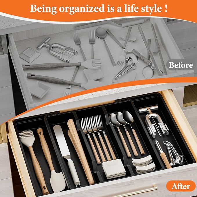 Large Silverware Organizer, Expandable Utensil Drawer Organizer for Kitchen Drawers, Kitchen Drawer Organizer for Spoons/Forks/Knives, Multipurpose & BPA Free Cutlery Tray, Black, 1 Pack