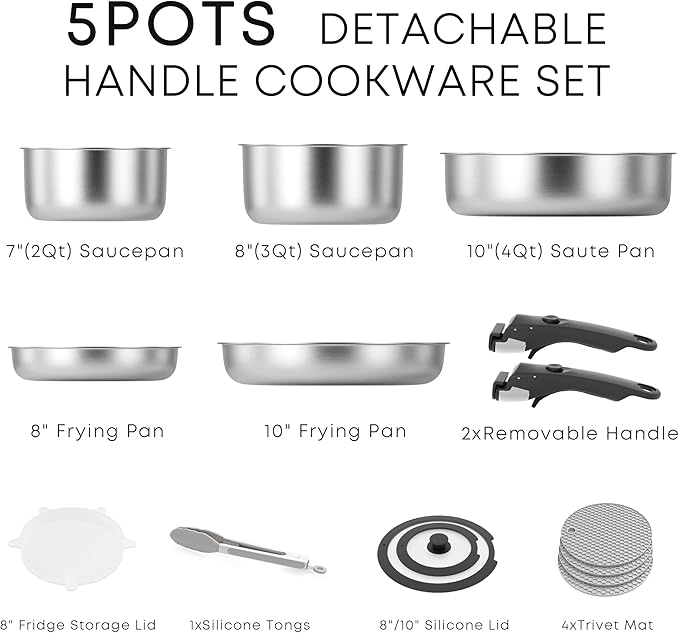 Caannasweis Detachable Nonstick Cookware Set - Stackable Induction Pots and Pans With Removable Handles, Dishwasher Safe - For RV Camping, Oven and Stovetop Use, 5 Pieces (Stainless Steel)
