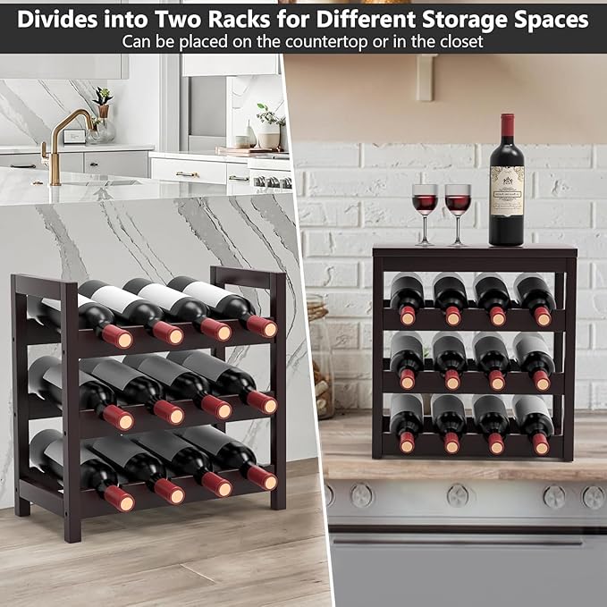 24-Bottle Wine Rack Freestanding Floor, 6-Tier Bamboo Wine Display Rack Storage Shelf with Table Top for Kitchen Dining Room Bar Cellar - Dark Brown