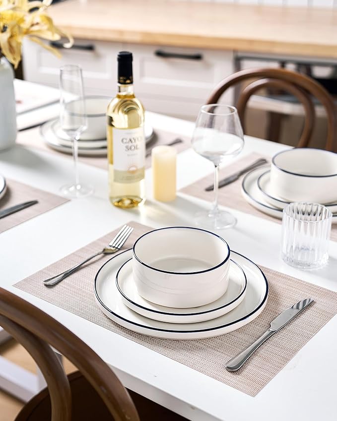 Famiware Porcelain Dinnerware Set, 24-Piece Modern Plate and Bowl Set, dish set for 8, Microwave and Dishwasher Safe Tableware, White with Blue Trim