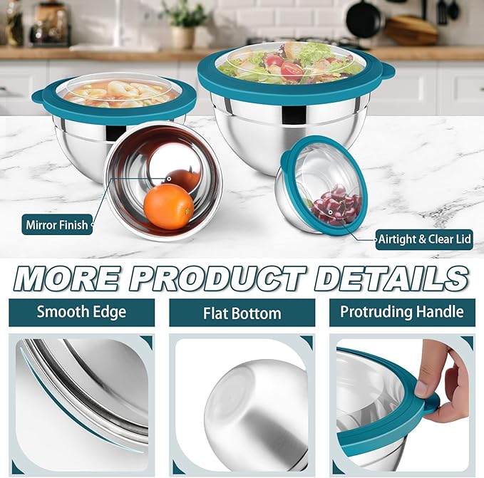 P&P CHEF Mixing Bowl with Lid Set of 7, Stainless Steel Nesting Salad Bowls for Cooking Serving Prepping, Clear Lids & Stackable Design, Size 4.6, 3.5, 3, 2, 1.5, 1, 0.7 Qt - Blue