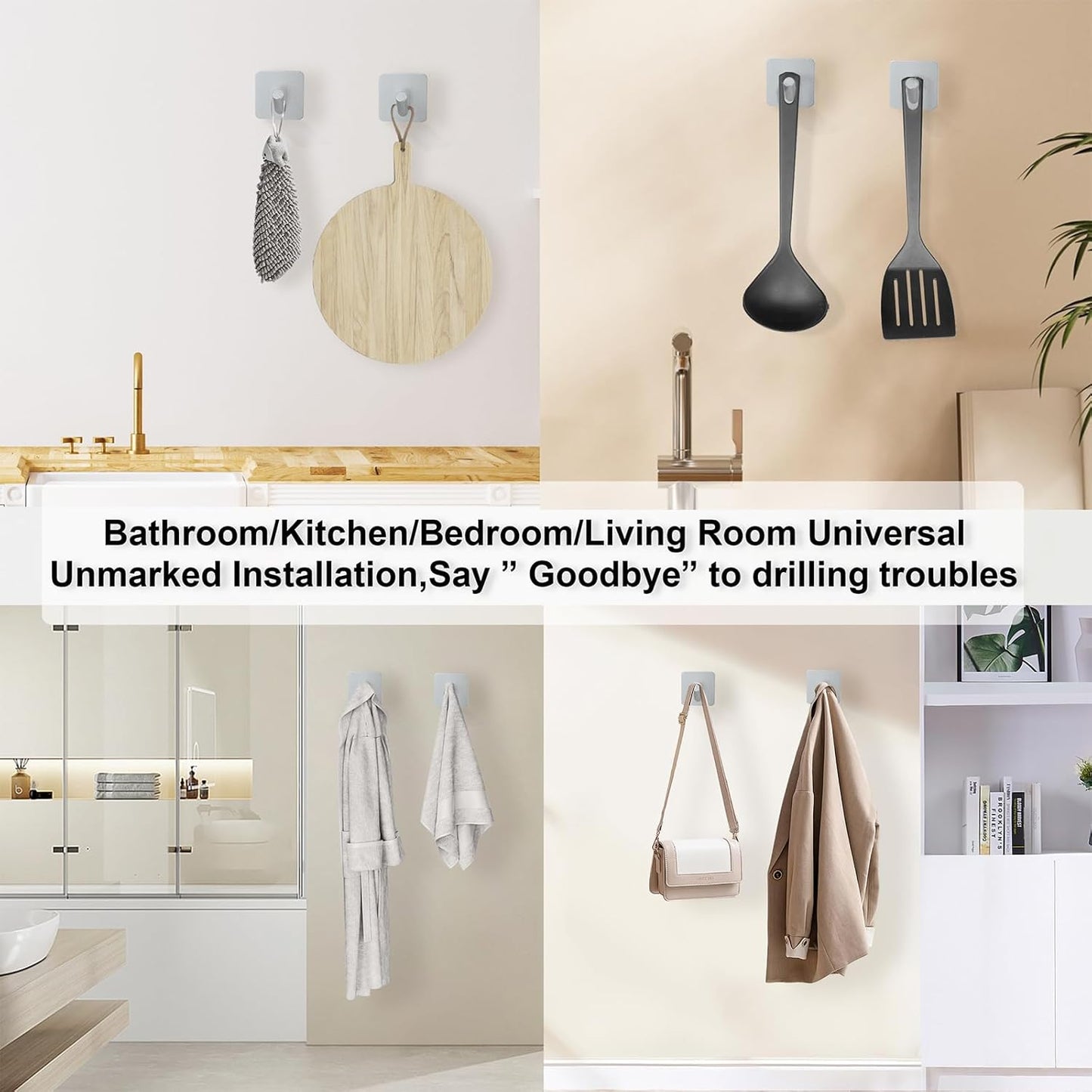 Aluminum Wall Hooks, No Drill Damage-Free Adhesive Hook, Product for Hanging Heavy Duty for Bathroom Kitchen Home (Slanting Square Sliver Hook, 4)