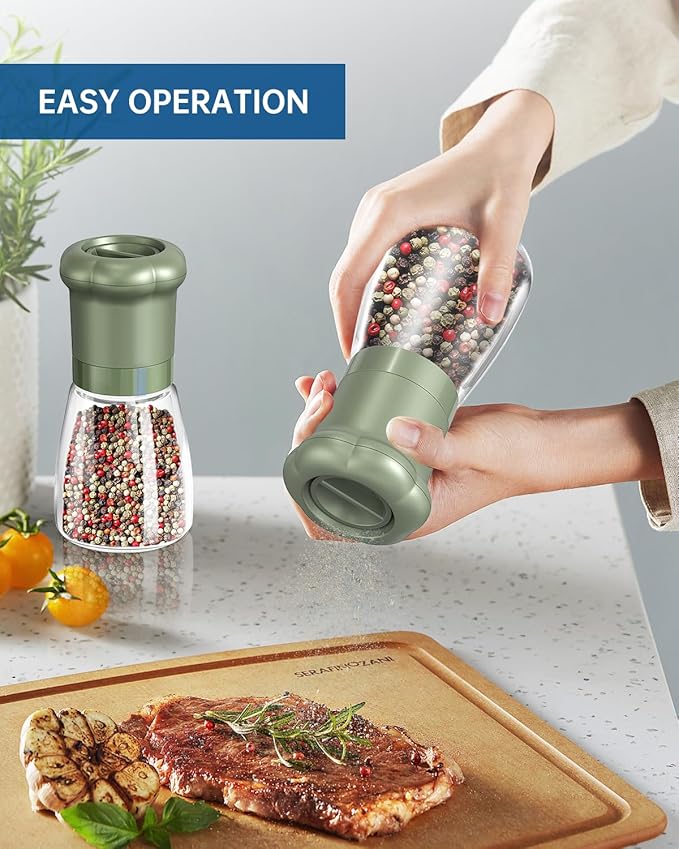 CIRCLE JOY Manual Salt and Pepper Grinder Set For Professional Chef, Refillable Salt and Pepper Shakers with Ceramic Blades, Adjustable Coarseness and BPA-free 180ml Glass Container, Short Green