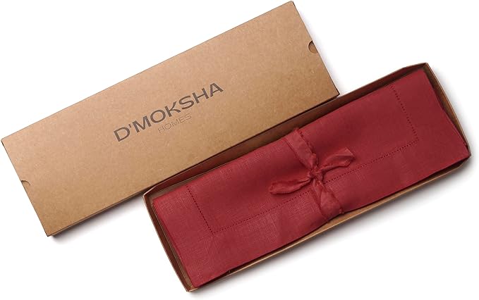 D'Moksha Homes Red Linen Placemats Set of 6 - Classic Hemstitch Placemats 14 x 19 Inch - 100% Pure Linen Table Mats for Fall, Thanksgiving, Christmas, Holiday - Handcrafted and Machine Washable