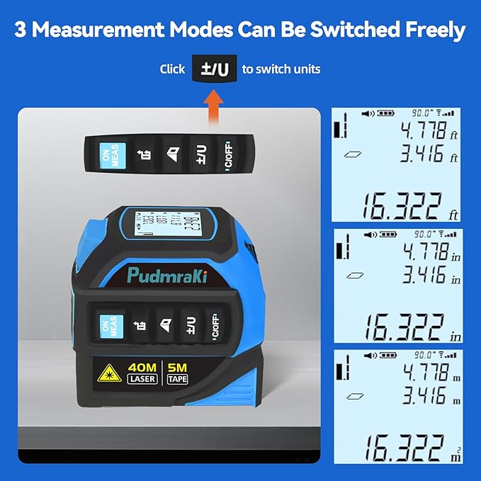 4-in-1 Laser Tape Measure 131Ft, Laser Crosshairs, 16ft Auto-Locking Tape, Digital Measurement Level, Backlit LCD Screen, Feet/Inches/Meters Unit Switching