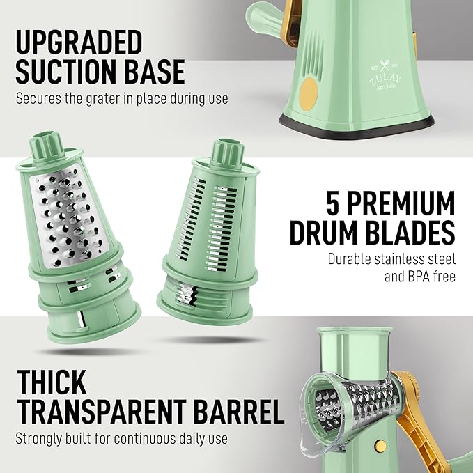 Zulay Kitchen Rotary Cheese Grater 5 Blade Cheese Shredder - Manual Hand Crank Cheese Grater With Reinforced Suction & 5 Interchangeable Drums - Easy to Use, Vegetable Chopper Round Mandoline Slicer