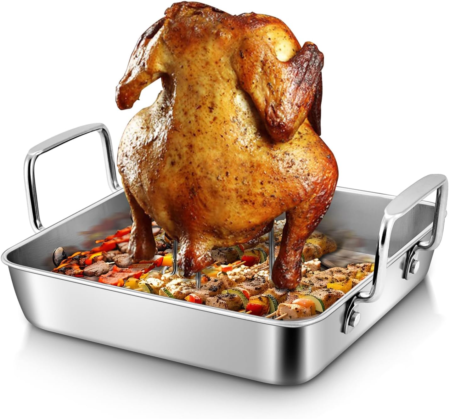 Herogo Small Roasting Pan with Beer Can Chicken Holder, 9 Inch Stainless Steel Square Baking Pans with BBQ Vertical Stand Rack for Baking Oven Grilling Smoker, Easy to Use & Dishwasher Safe