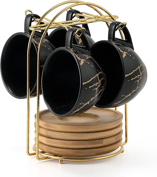 LUKA Ceramic Demitasse Espresso Cups Set with Saucers and Metal Stand, 8 oz Porcelain Stackable Cappuccino Cups Teacup For Tea, Espresso, Latte, Coffee, Cafe Mocha, Set of 4, Black