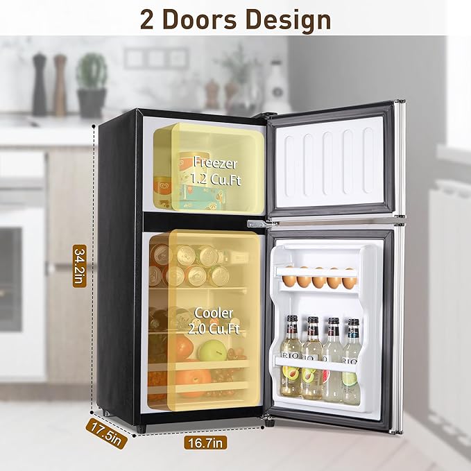Mini Fridge with Freezer, 3.2 Cu. Ft. Double-Door Small Refrigerator with Adjustable 7-Level Thermostat & Separate Freezer, Dorm Fridge Compact for Kichen, RV, Office, Apartment, Silver
