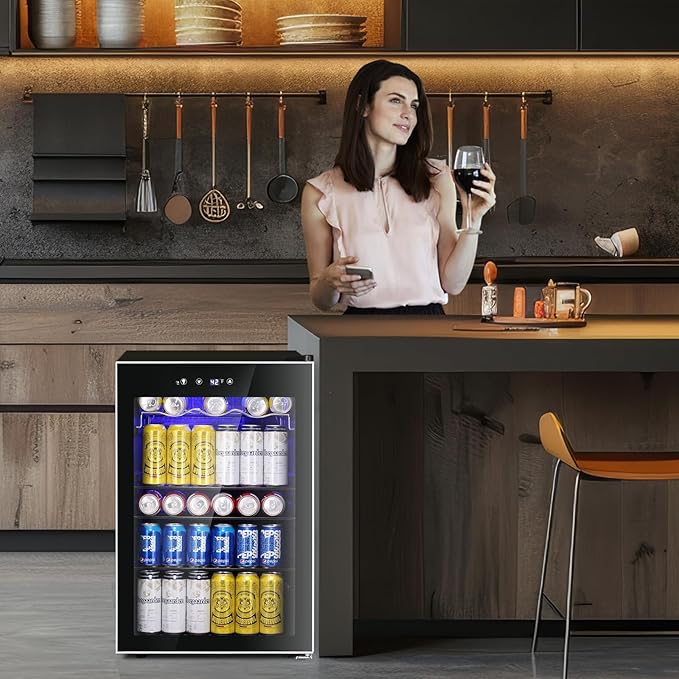 4.4 Cu.ft Beverage Refrigerator Cooler, 145 Can Mini Fridge Glass Door with Adjustable Shelves, Digital Temperature Display, Freestanding Small Drink Fridge for Home, Office or Bar(Black)