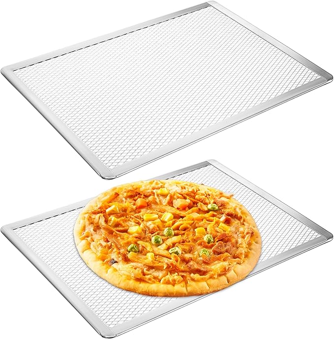 2 Pcs Pizza Screen, 11 x 15.7 Inch Rectangular Aluminum Pizza Pan Restaurant-Grade Flatbread Screen Pizza Crisper Pan, Stainless Steel Cooling and Baking Rack Set, Oven-Safe