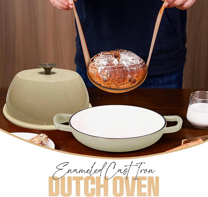 Enameled Cast Iron Dutch Oven Pot with Lid - Dutch Oven for Sourdough Bread Baking - With 5 Blade Bread Lame & Non-Stick Silicone Sling perfect for Sourdough Breads & more. Cast Iton Enamel Braiser Pan with Lid (WHITE, 6 Quart Sourdough Pot)