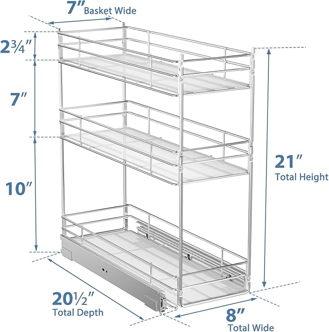 ROOMTEC Pull Out Spice Rack for Narrow Cabinet (8" W X 20½" D),3 Tier Heavy Duty Sliding Spice Cabinet Organization Shelf Racks, Pull Out Shelves Under Cabinet Storage for Kitchen