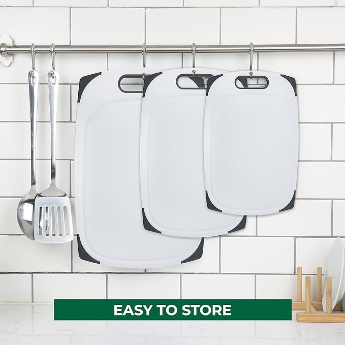 Plastic Cutting Boards for Kitchen, Cutting Board Set of 3, Juice Grooves with Easy Grip Handle, BPA-Free, Non-Porous, Dishwasher Safe, White