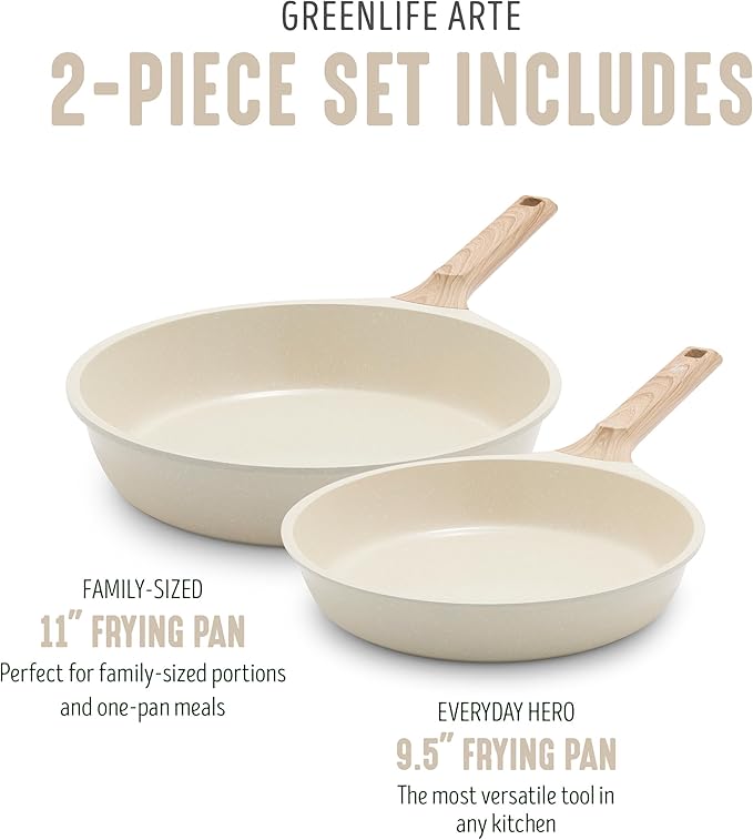 GreenLife Nonstick 2 Piece Frying Pan Set, 9.5" & 11" Skillets Ceramic PFAS-Free Nontoxic, Induction Suitable, Wood Print Handles, Stay-Cool Handles, Deep Cooking Skillets, Egg Pan, Granite Cream