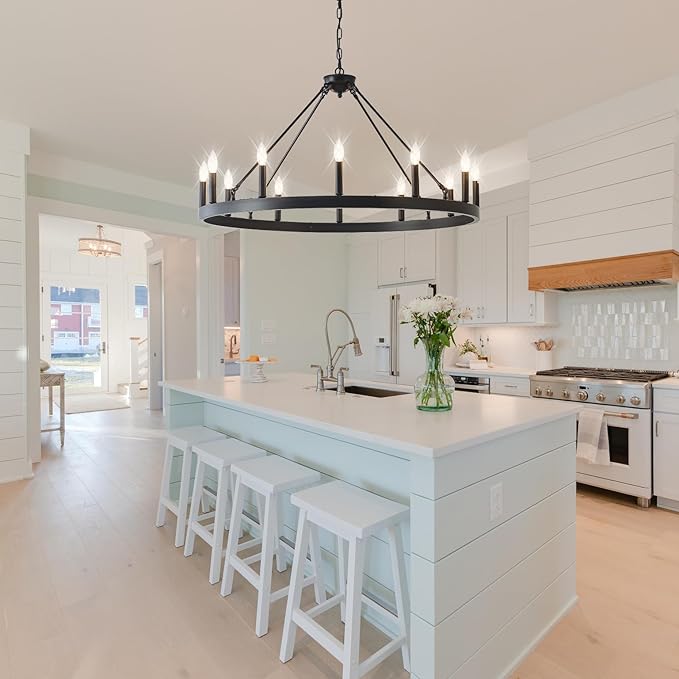 40 Inch Black Farmhouse Wagon Wheel Chandelier,12-Light Round Industrial Pendant Light fixtures for Outdoor Porch high Ceilings Living Dining Room Foyer Entryway