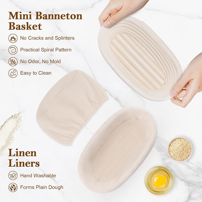 6 Inch Bread Banneton Proofing Basket Oval Mini Banneton Basket Set of 6, Small Sourdough Bakery Bowls with Liner Rattan Sourdough Baking Supplies for Home Bread Making and Baking