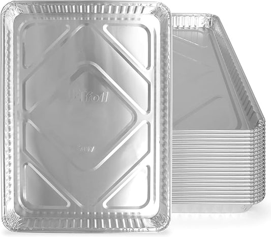 PLASTICPRO Aluminum Pans 100 Pack Disposable Cookie Sheets 13 x 17 Baking Pans Premium Quality Heavy Duty Sheet Pans
