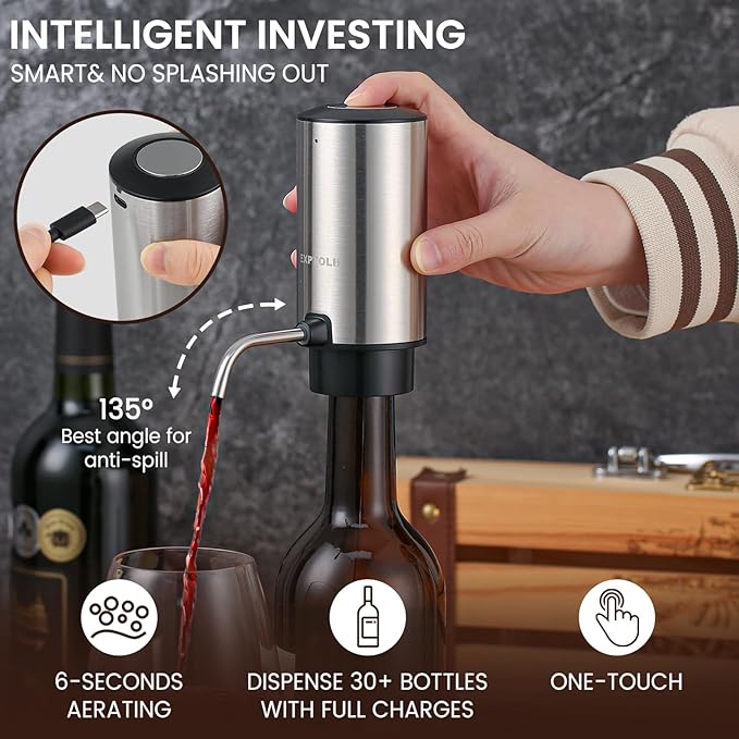 Electric Wine Opener Gift Set - Rechargeable Wine Bottle Opener, Wine Aerator, Vacuum Stoppers, Foil Cutter for Home Bar and Outdoor Parties