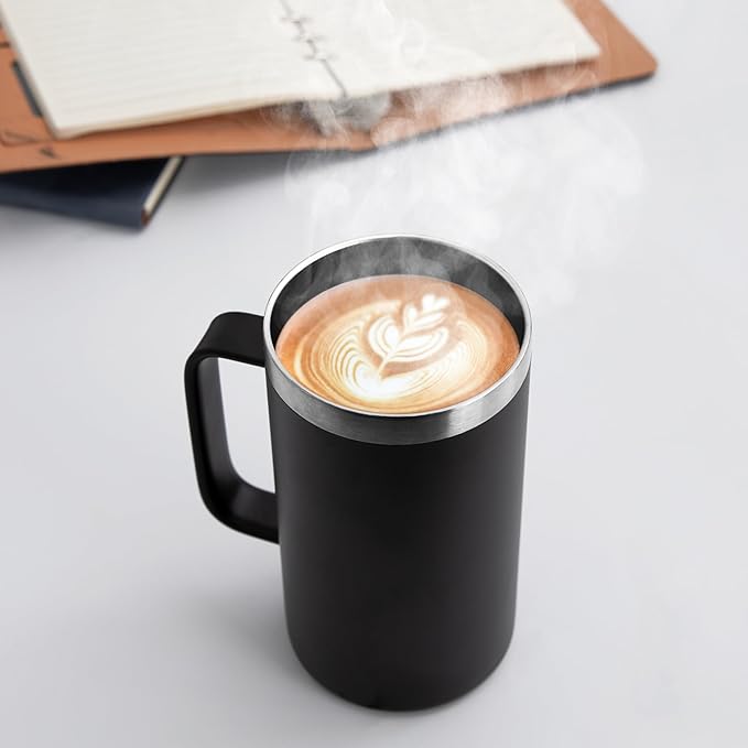 DOMICARE 24oz Mug with Handle and Lid, Stainless Steel Coffee Mug, Travel Mug with Handle, Double Wall Vacuum Coffee Tumbler, Reusable Insulated Cup, Black, Pack 8