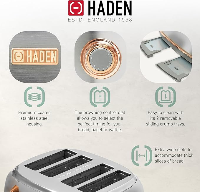 Haden Heritage 4 Slice Wide Slot Stainless Steel Toaster with Adjustable Browning Control & Non-Slip Feet, Steel & Copper