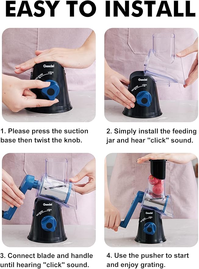 Geedel Rotary Cheese Grater, Kitchen Mandoline Vegetable Slicer with 3 Interchangeable Blades, Easy to Clean Rotary Grater Slicer for Fruit, Vegetables, Nuts