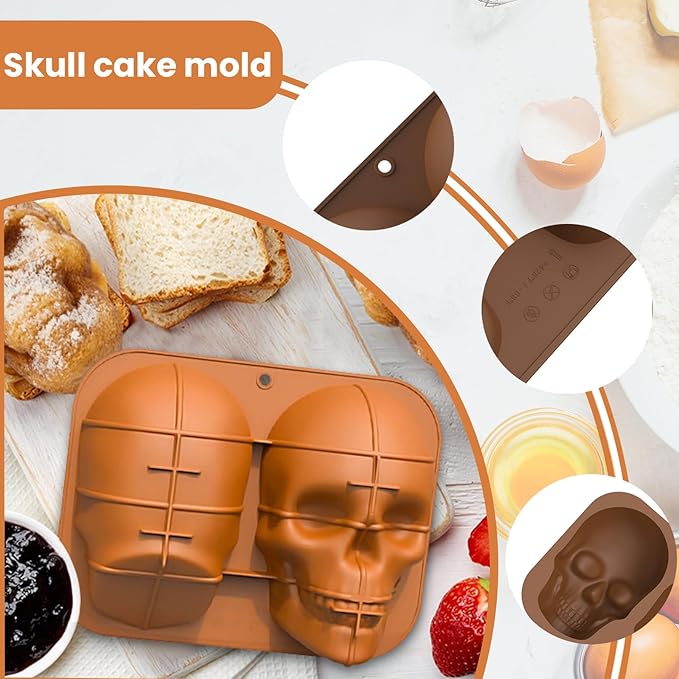 Extra Large Skull Cake Molds for Baking Silicone Cake Pan Tools，DIY Large Skull Cake Pan，Non-stick Durable Pastry Mould for Birthday Halloween Party（8.5in）