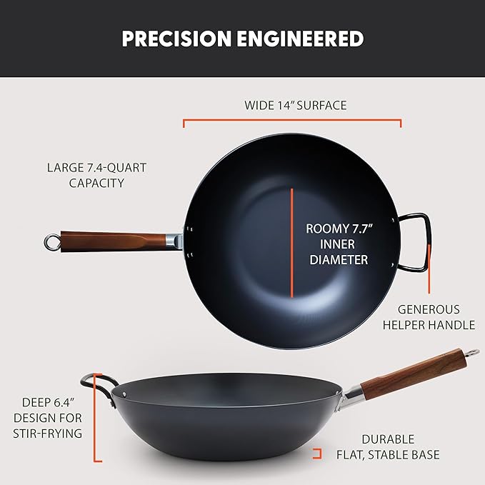GreenPan Carbon Steel Wok 14”, Flat Bottom, Durable Stir-Fry Pan, Pre-Seasoned Ready to Use, High Heat Retention, Induction, Ash Wood Handle, Kyoto, Black