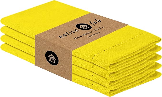 Native Fab Cloth Napkins Set of 4, 100% Cotton Washable Fabric with Hemstitched Edges, 18x18 inch, Soft, Elegant Table Linen Napkins for Dinner, Lunch, Party, Wedding, Lemon Yellow