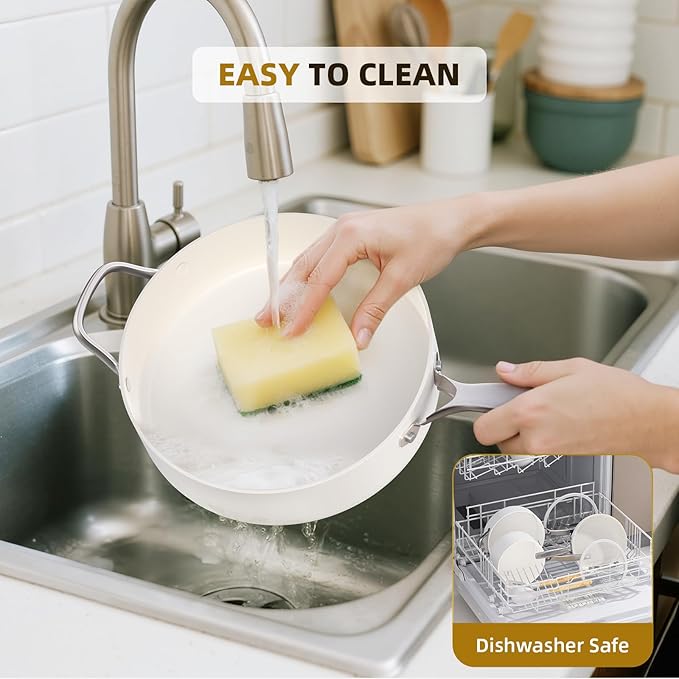 15 Pcs Pots and Pans Set Non Stick, Ceramic Cookware Set with Steamer, Non-Toxic Kitchen Cooking Set with Stay-Cool Ergonomic Handles, Oven & Dishwasher Safe, PFOS & PFOA Free (Cream White)