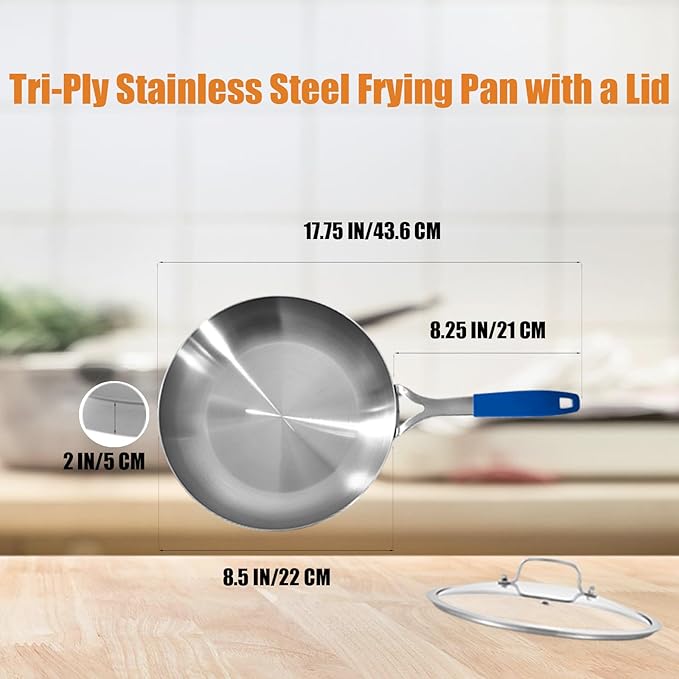 Inqibee 8.5 Inch Tri-Ply Stainless Steel Frying Pan with Lid,Skillet,Induction Cooking Pan,Dishwasher Safe and Detachable Handle