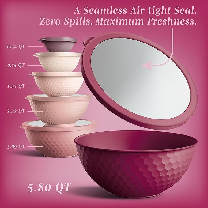 COOK WITH COLOR Mixing Bowls with Lids - 12 Piece Plastic Nesting Bowls Set includes 6 Prep Bowls and 6 Lids, Non Slip Bottom and Embossed Design - Microwave Safe (Rose)