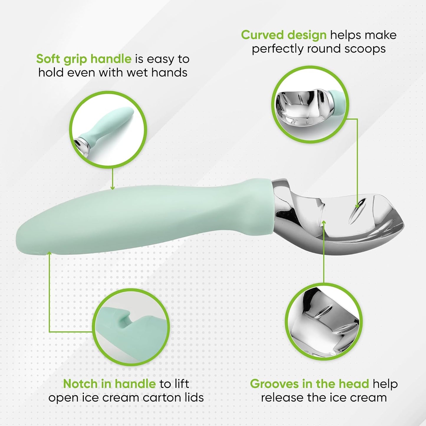 Spring Chef Heavy Duty Ice Cream Scoop with Comfortable Handle, Premium Ice Cream Scooper for Cookie Dough, Frozen Yogurt, Gelato, Sorbet, Melon - Dishwasher Safe Kitchen Tools - 2 Pack - Mint