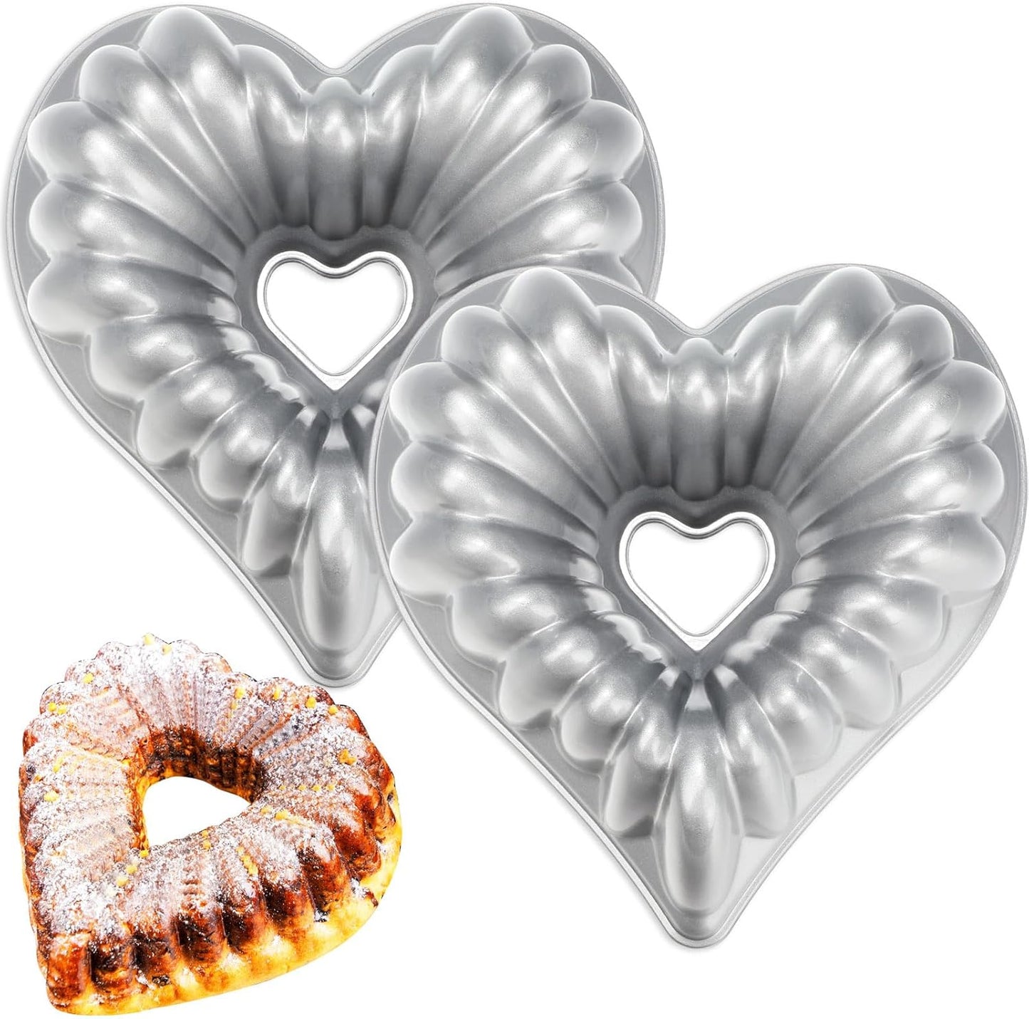 Layhit 2 Pcs 10 Inches Heart Shaped Fluted Cake Pan Aluminum Heart Cake pan Non Stick Oven Baking Mold for Birthday Wedding Family Party Kitchen Accessories (Silver)