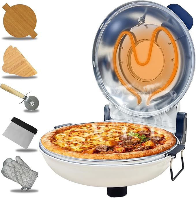 Pizza Oven Indoor, 12 Inch Retro Pizza Maker, Rapid Heating 800˚F, 1200W Glazed Ceramic Stone Electric Pizza Cooker, Two-button Precise Temperature Control, Viewing Window for Precise Cooking