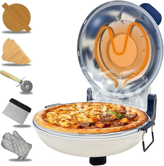 Pizza Oven Indoor, 12 Inch Retro Pizza Maker, Rapid Heating 800˚F, 1200W Glazed Ceramic Stone Electric Pizza Cooker, Two-button Precise Temperature Control, Viewing Window for Precise Cooking