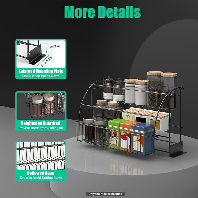 3 Tier Pull Down Spice Rack, Pull Out Spice Organizer Shelf for Kitchen, Pantry, Bathroom, Large Capacity Drop Down Spice Shelf Retractable Organizer Holds Seasoning Jars Bottles Cosmetics