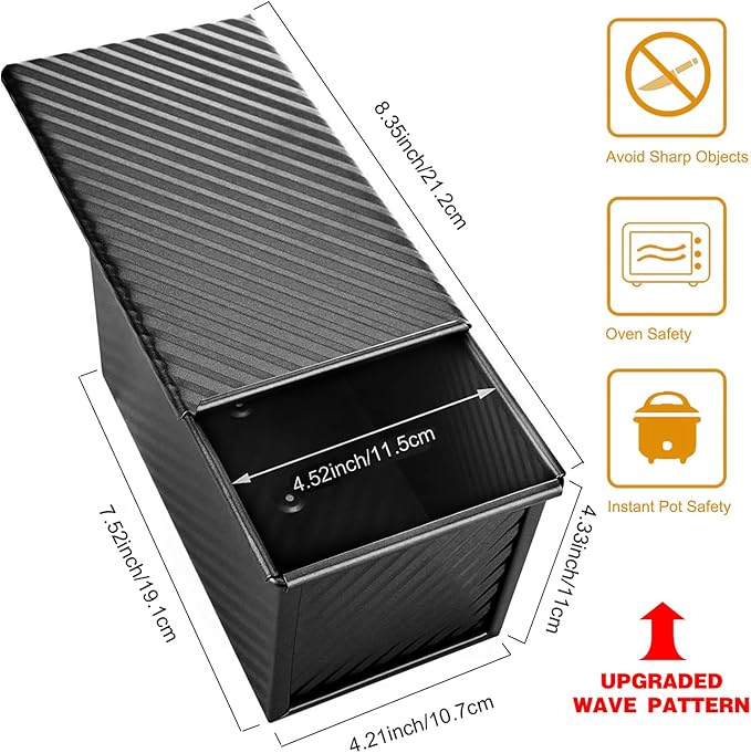 Black Pullman Loaf Pan with Lid, 1 lb Dough Capacity, Nonstick Bread Toast Mold with Cover, Carbon Steel Corrugated Bread Mould Bakeware