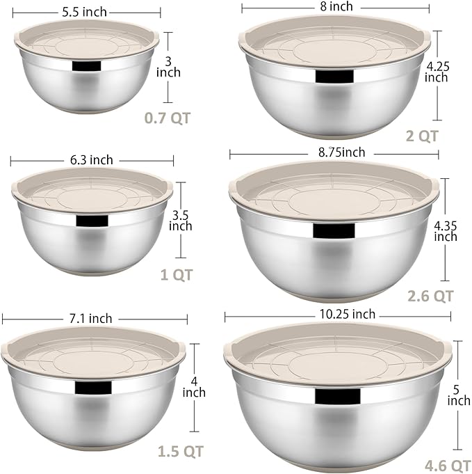 P&P CHEF Mixing Bowls With Lids, Set of 6, Stainless Steel Nesting Mixing Bowls & Fitting Lids & Non-Slip Silicone Bottom, Ideal for Mixing, Storing, Size 0.7/1/1.5/2.5/3/4.6 Qt, Khaki