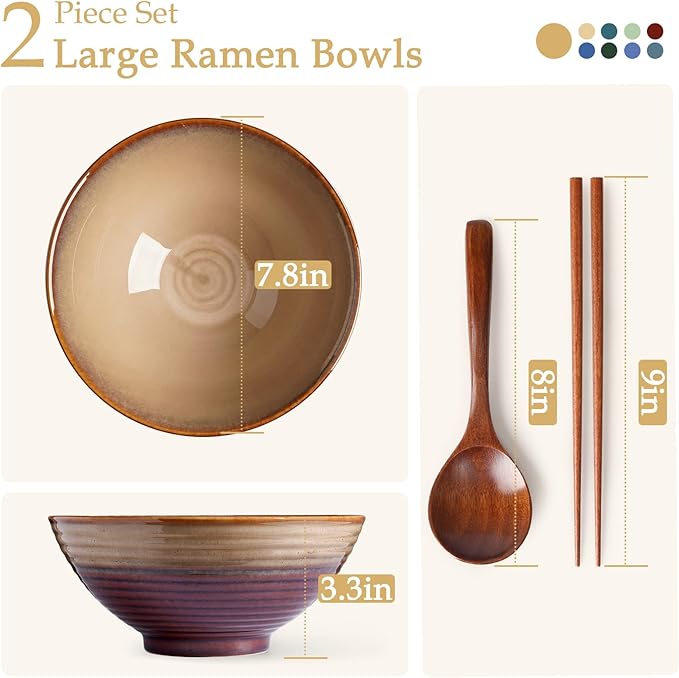 NUTRIUPS 8 Inch Ceramic Ramen Bowl Set of 2 Pho Bowls 40oz Japanese Noodle Udon Soup Bowls with Spoons and Chopsticks (Sunbaked Clay)