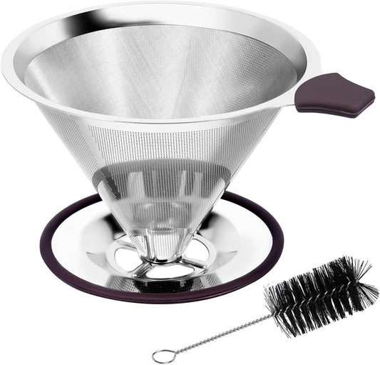 Pour Over Coffee Dripper, Paperless Pour Over Coffee filter, Stainless Steel Reusable Coffee Filters with Double Layer Mesh, Coffee Strainer Cup Stand & Cleaning Brush